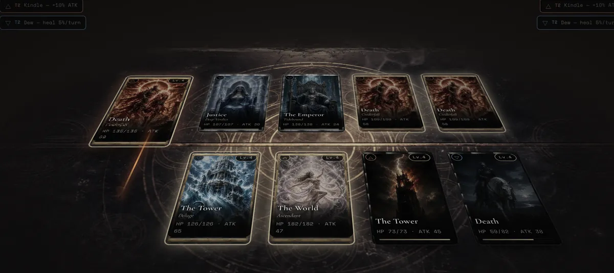 The XXII board mid-duel: five Arcana on each side of a tilted stone table, HP and ATK on every card.